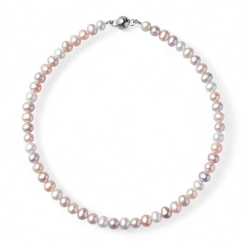 淡水真珠 パールネックレス マルチカラー系(ナチュラル) 7.5-8.0mm A～BB～C セミラウンド～セミポテト バラクラスプ (silver) [n2][人気 ロングセラー]（本真珠 ネックレス）（フォーマル パーティ 入学式）