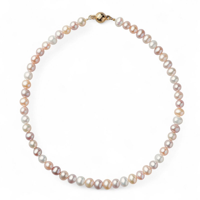 淡水真珠 パールネックレス マルチカラー系(ナチュラル) 7.5-8.0mm A～BB～C セミラウンド～セミポテト バラクラスプ (silver) [n2][人気 ロングセラー]（本真珠 ネックレス）（フォーマル パーティ 入学式）