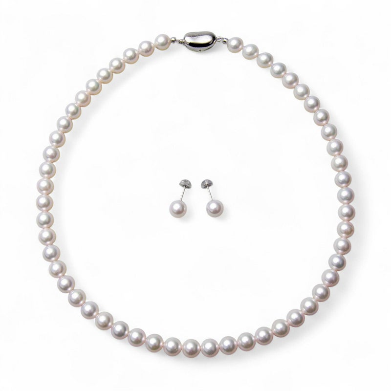 《隣と差がつく》 あこや真珠 パールネックレス＆ピアス 2点セット 7.5-8.0mm BBB～C  真珠ピアス イヤリング [n2][人気 ロングセラー]（真珠ネックレス パール アコヤ本真珠）（冠婚葬祭 フォーマル 入学式 卒業式 成人式）