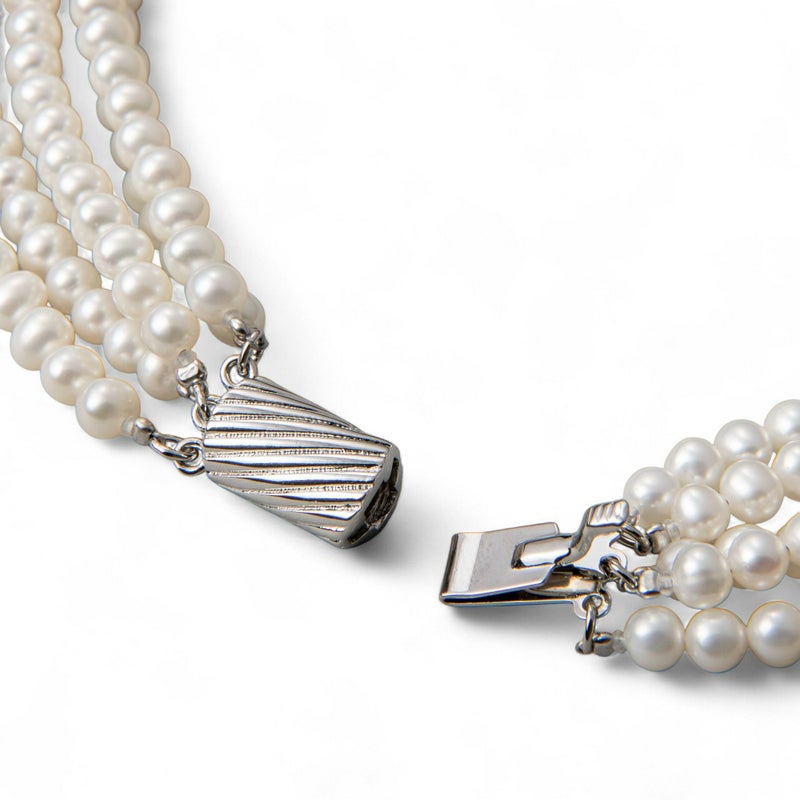 淡水真珠 5連 パールネックレス ホワイト系 4.5-5.0mm A～BB  ポテト 並列デザインクラスプ(silver) [n4]（パーティ フォーマル おしゃれ）（ベビーパール）6月誕生石