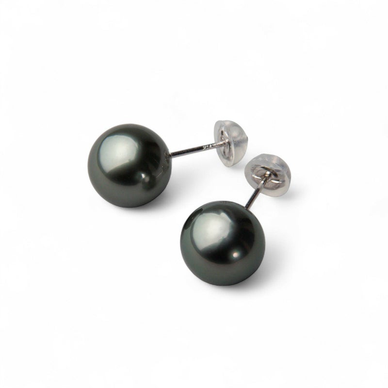 タヒチ黒蝶真珠 スタッド パールピアス グリーン系 9.0mmUP AAB ラウンド K14WG ホワイトゴールド[n4]（南洋 黒真珠 ピアス）（冠婚葬祭 フォーマル 記念日 プレゼント）