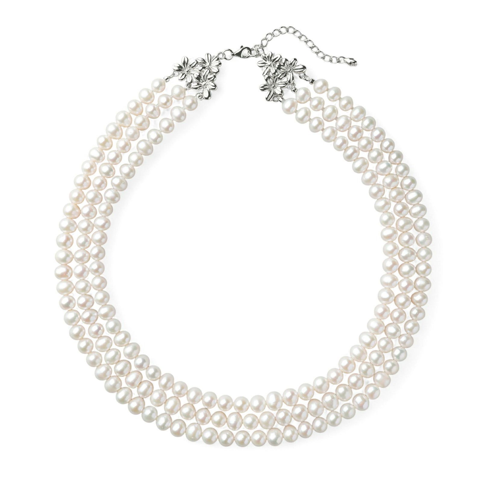 淡水真珠 3連ネックレス ジャッキーパール風 ホワイト系 6.5-7.0mm B～CC ポテト アジャスタークラスプ(silver) [n3](真珠 ネックレス）（パーティ フォーマル おしゃれ）6月誕生石