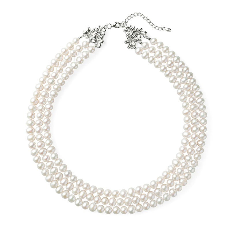 淡水真珠 3連ネックレス ジャッキーパール風 ホワイト系 6.5-7.0mm B～CC ポテト アジャスタークラスプ(silver) [n3](真珠 ネックレス）（パーティ フォーマル おしゃれ）6月誕生石