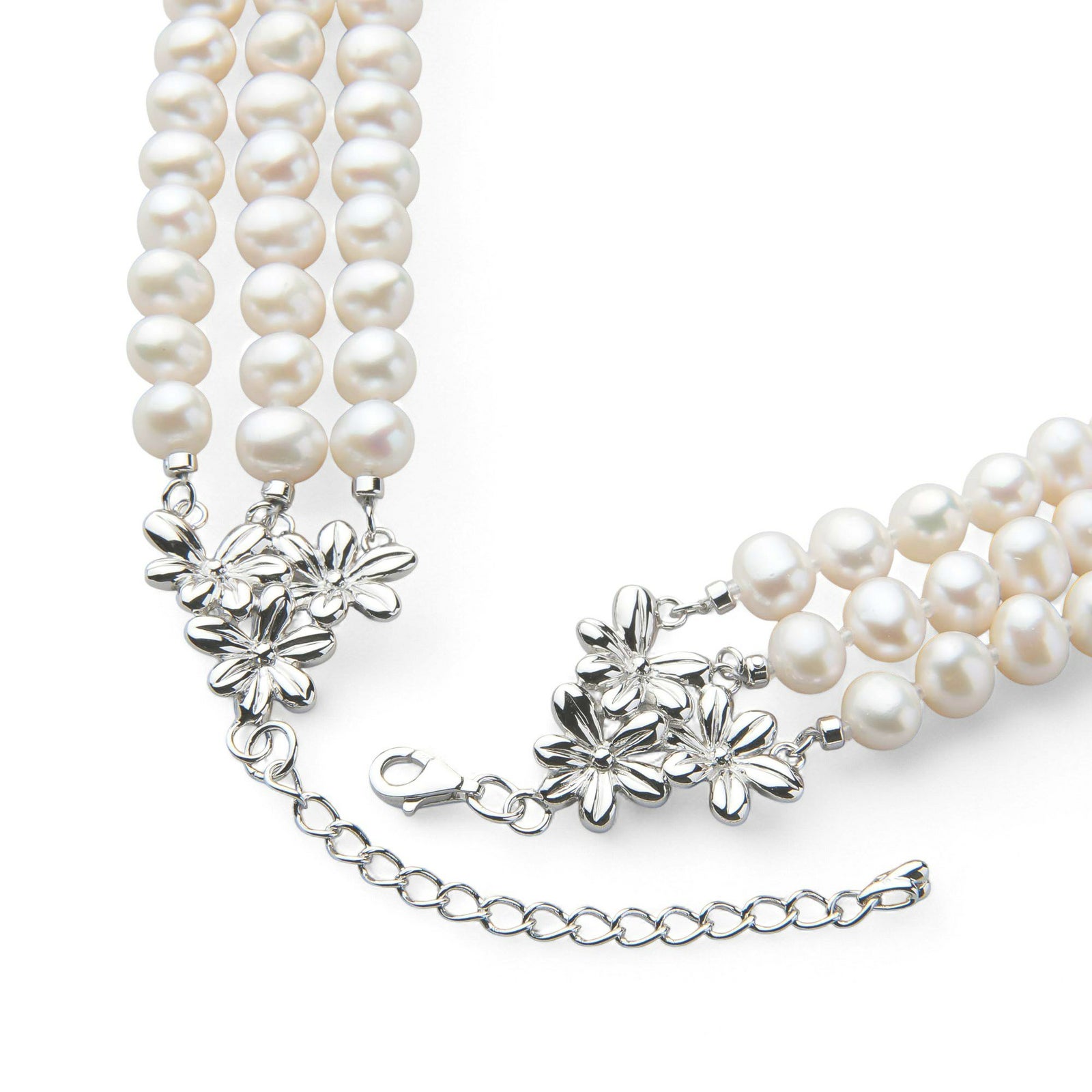 淡水真珠 3連ネックレス ジャッキーパール風 ホワイト系 6.5-7.0mm B～CC ポテト アジャスタークラスプ(silver) [n3](真珠 ネックレス）（パーティ フォーマル おしゃれ）6月誕生石