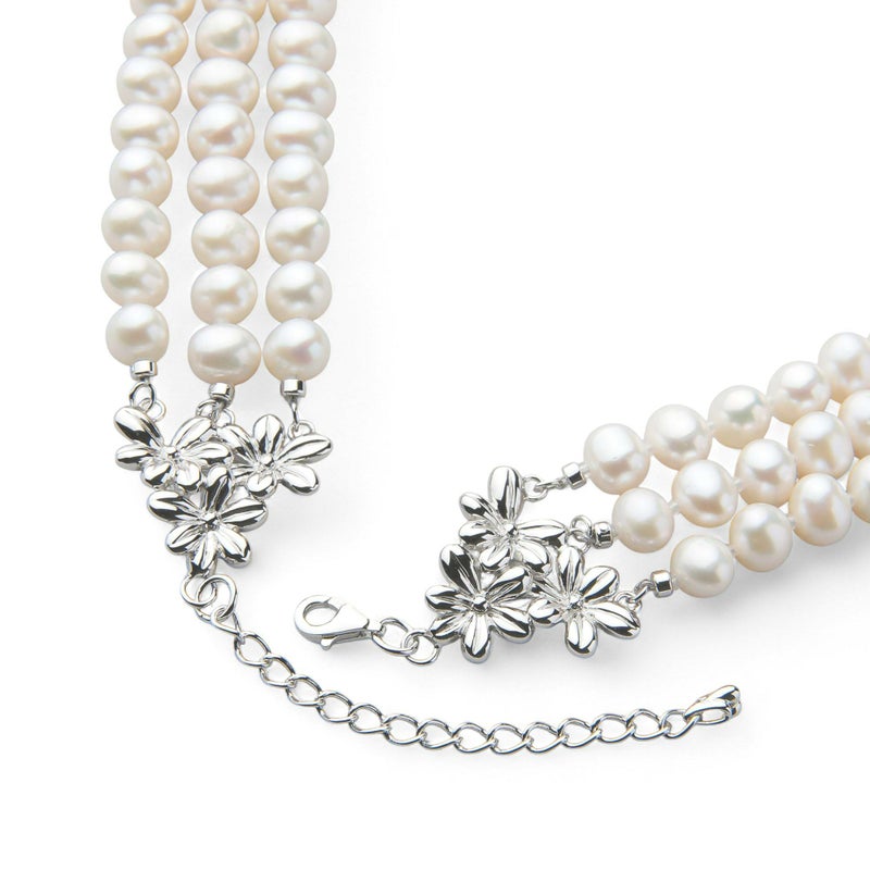 淡水真珠 3連ネックレス ジャッキーパール風 ホワイト系 6.5-7.0mm B～CC ポテト アジャスタークラスプ(silver) [n3](真珠 ネックレス）（パーティ フォーマル おしゃれ）6月誕生石