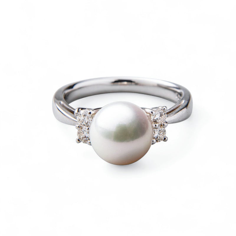 オーロラ花珠真珠 鑑別書付 鑑別書付 ダイヤ4石 パールリング（指輪） ホワイト系 8.5-9.0mm AAA  0.23ct Pt900 プラチナ[n4][高品質 プレミアム]（真珠 リング アコヤ真珠）（冠婚葬祭 フォーマル 結婚式）