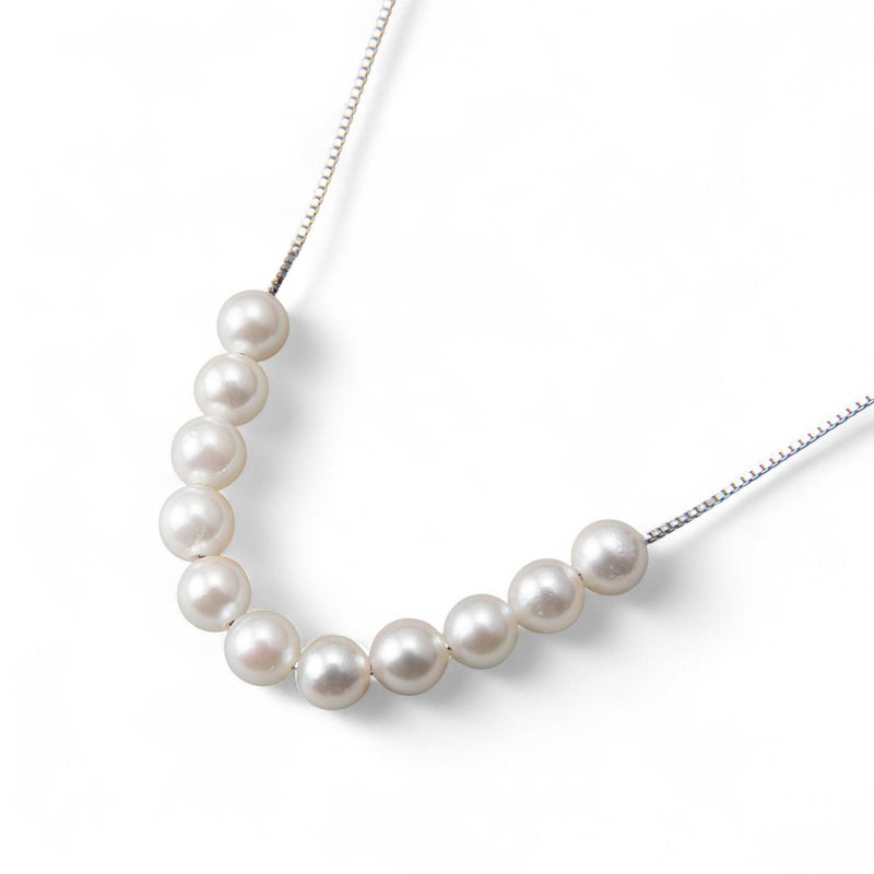 雑誌掲載★ K18/K18WG ベビーパール 11粒 スルーネックレス ～SMILEY(スマイリー)～ あこや真珠 ホワイト系 3.5-4.0mm ベネチアンチェーン 40cm[n4] (真珠 パール ネックレス ペンダント)（プレゼント スマイル ネックレス）6月誕生石