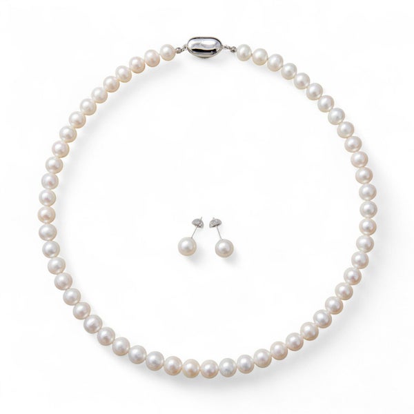 淡水パール ネックレス&ピアス(イヤリング) 2点セット ホワイト系 7.5-8.0mm/8.0-8.5mm BB～C ポテト/ラウンド  [n2][人気 ロングセラー]（真珠ネックレス パールネックレス 本真珠）（冠婚葬祭 フォーマル 入学式 卒業式 成人式）
