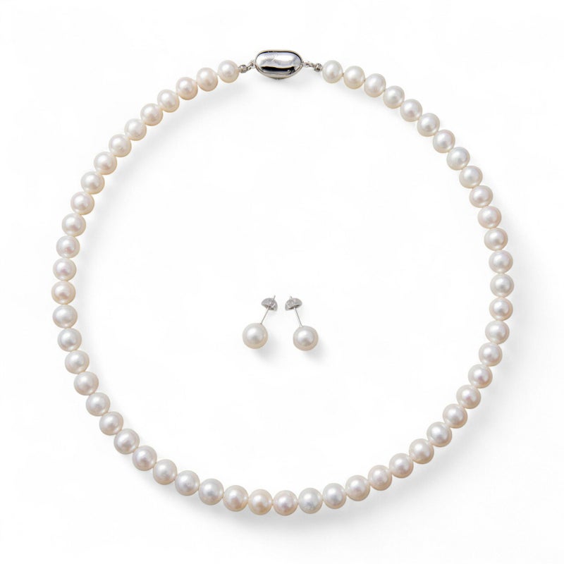 淡水パール ネックレス&ピアス(イヤリング) 2点セット ホワイト系 7.5-8.0mm/8.0-8.5mm BB～C ポテト/ラウンド  [n2][人気 ロングセラー]（真珠ネックレス パールネックレス 本真珠）（冠婚葬祭 フォーマル 入学式 卒業式 成人式）
