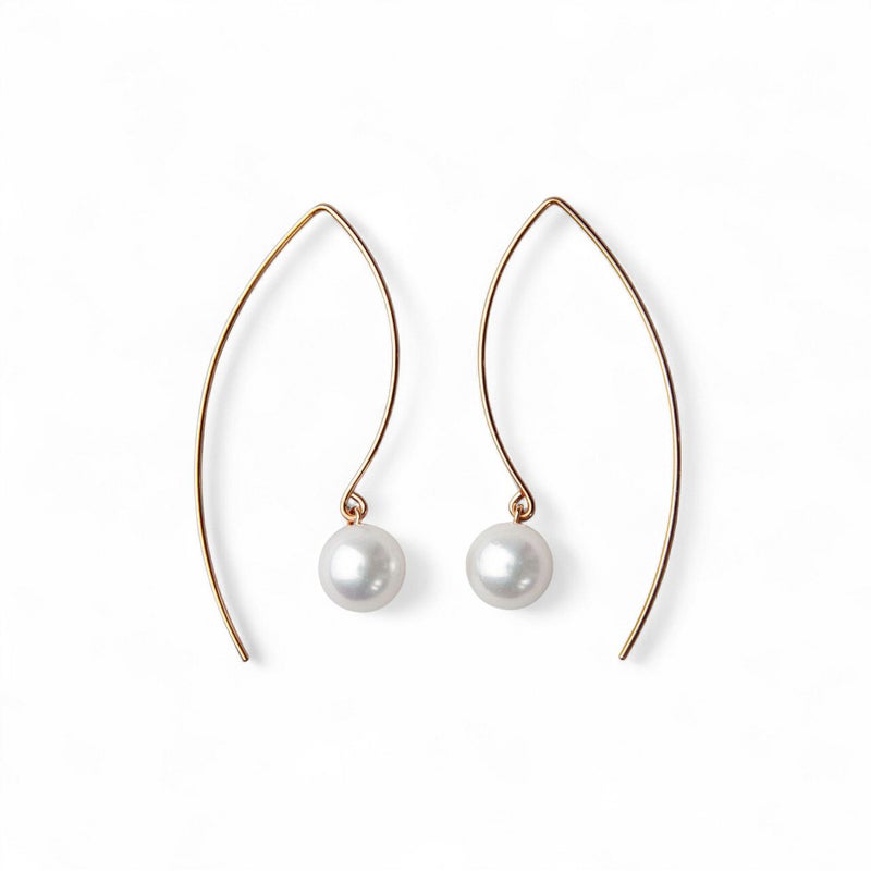 あこや真珠 マーキスフック パールピアス ～Foglia(フォリア)～ ホワイト系 7.5-8.0mm K14WG/K18YG/K18PG ゴールド ピアス ロング(真珠 ピアス)[n3] 6月誕生石