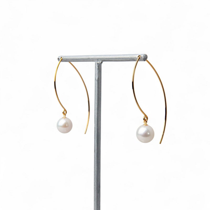 あこや真珠 マーキスフック パールピアス ～Foglia(フォリア)～ ホワイト系 7.5-8.0mm K14WG/K18YG/K18PG ゴールド ピアス ロング(真珠 ピアス)[n3] 6月誕生石