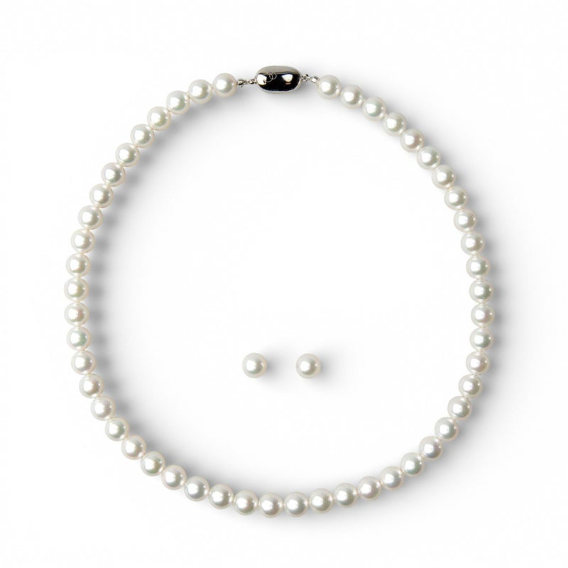 オーロラ花珠真珠 無調色 ネックレス 2点セット 8.0-8.5mm ホワイト系(ナチュラル) ≪グッドクオリティ花珠≫ AAA 花珠鑑別書付 パールネックレス パールピアス イヤリング [n3]（卸直販 還元価格）（真珠ネックレス アコヤ真珠 高品質 本真珠）