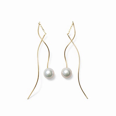 トレンド感たっぷりの新デザイン登場☆あこや真珠 ウェーブデザイン パールピアス ～Foglia(フォリア)～ ホワイト系 7.5-8.0mm K14WG/K18YG/K18PG [n4]6月誕生石