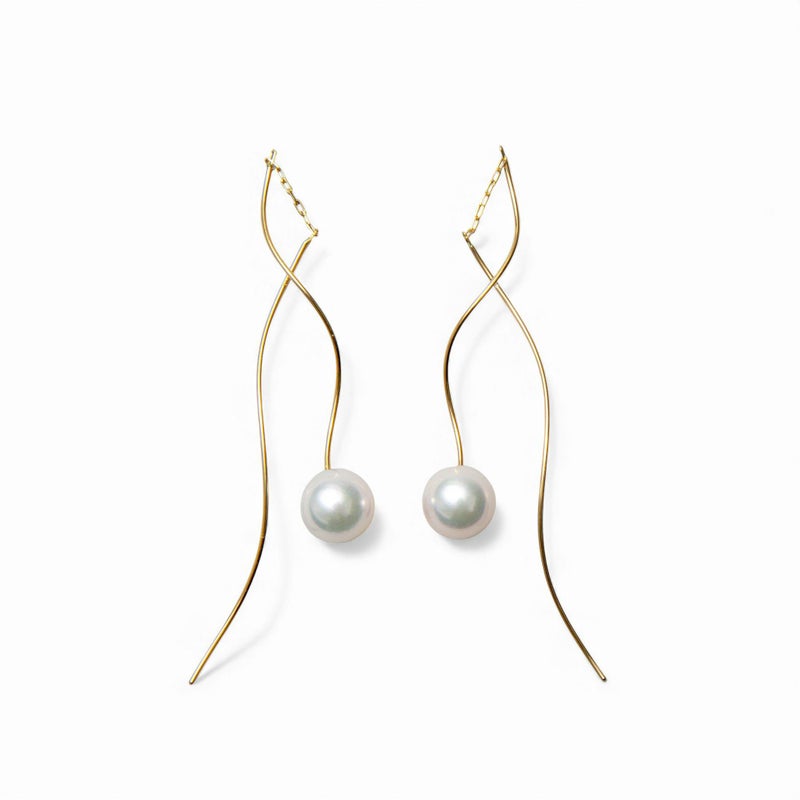 トレンド感たっぷりの新デザイン登場☆あこや真珠 ウェーブデザイン パールピアス ～Foglia(フォリア)～ ホワイト系 7.5-8.0mm K14WG/K18YG/K18PG [n4]6月誕生石