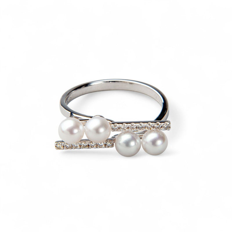 あこや真珠 スタイリッシュ ダイヤ パールリング（指輪） ホワイト系 4.0-4.5mm BBB  K18WG/K18 ホワイトゴールド 18金 0.09ct [n5]（本真珠 リング）（大人カジュアル おしゃれ）