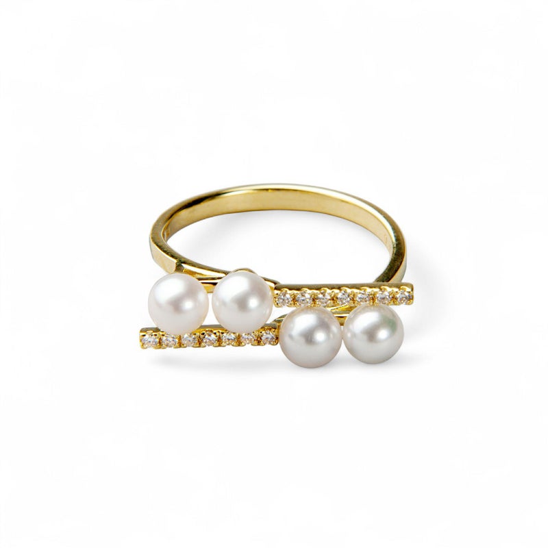 あこや真珠 スタイリッシュ ダイヤ パールリング（指輪） ホワイト系 4.0-4.5mm BBB  K18WG/K18 ホワイトゴールド 18金 0.09ct [n5]（本真珠 リング）（大人カジュアル おしゃれ）