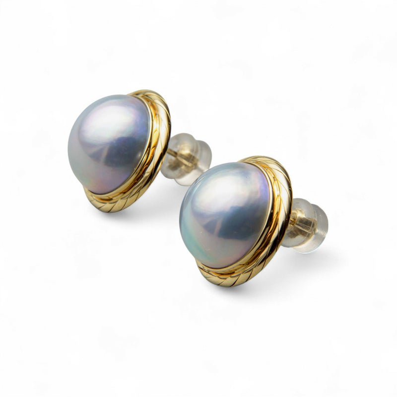 マベ真珠 スタッドパールピアス オーロラブルー系 13mmUP AAA～B  K18 ゴールド（本真珠）[ｎ2]