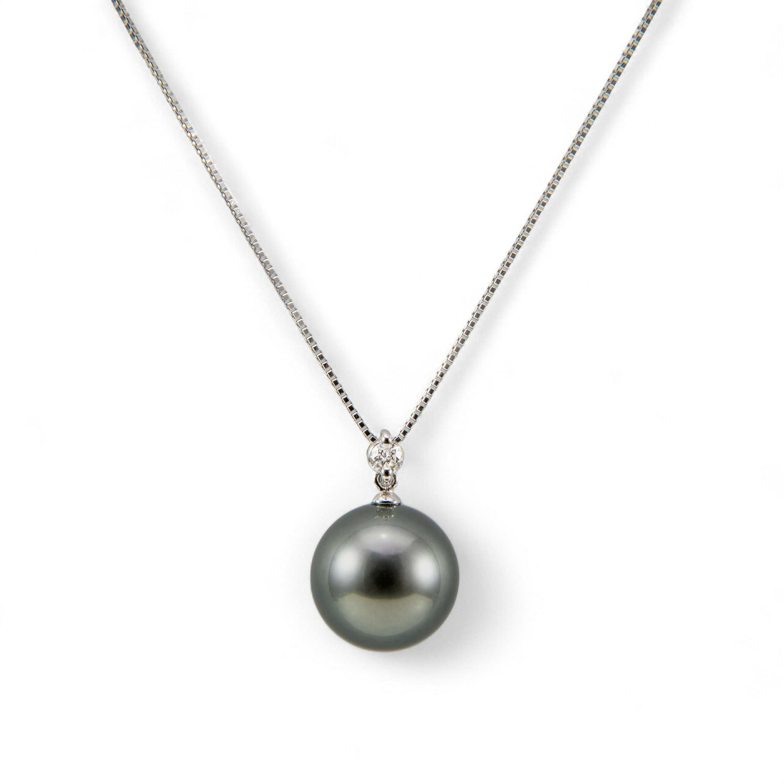 タヒチ黒蝶真珠 ネックレスパールペンダント（チェーン付） グリーン系 11mmUP A～BAC  K18WGホワイトゴールド（本真珠・黒真珠）[Tahitian] [タヒチアンパール][n4]