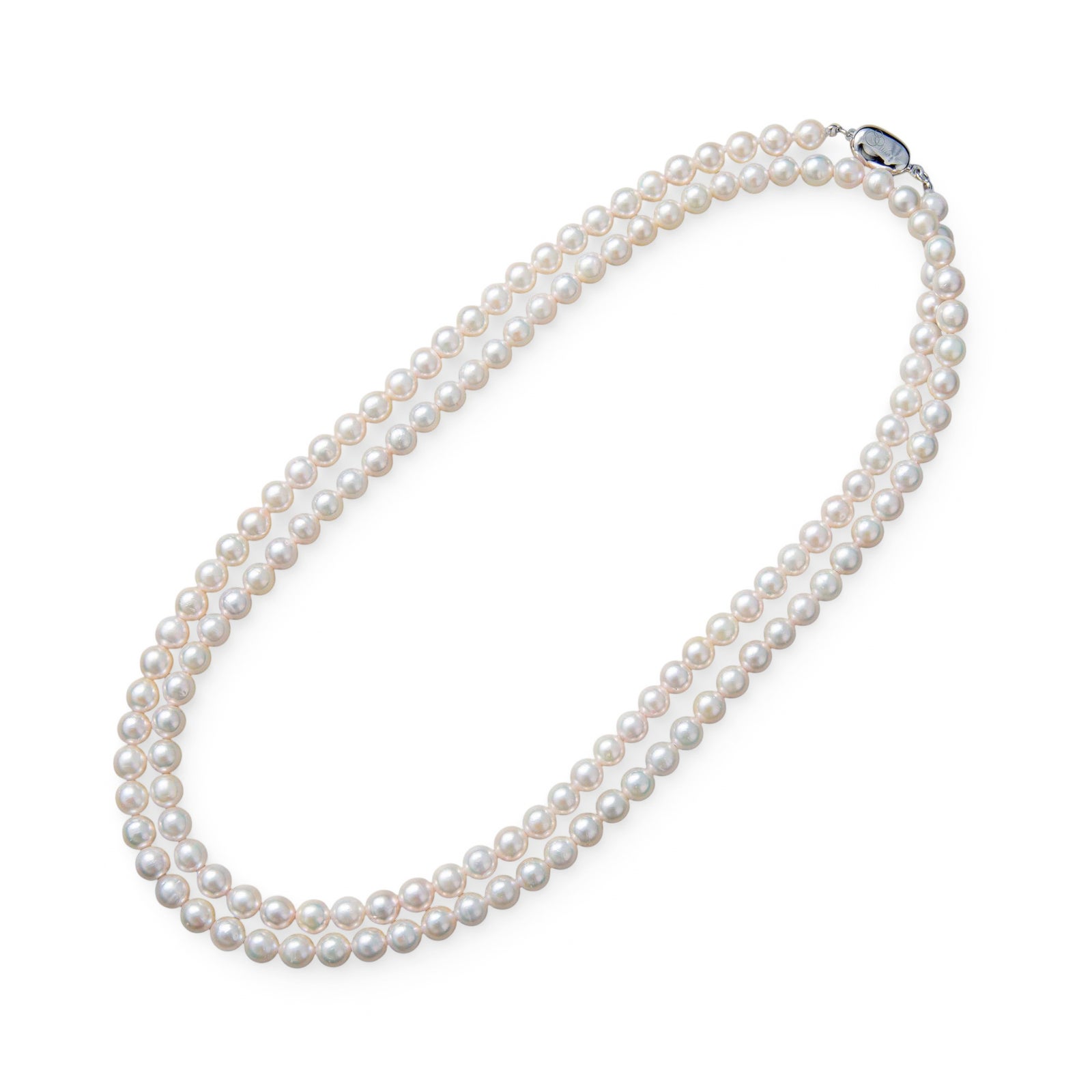 あこや真珠 パールロングネックレス ホワイト系 5.5-6.0mm BB～CC  ラウンド～セミラウンド ビーンズクラスプ（silver）[n2][80cm ロング] （アコヤ本真珠）