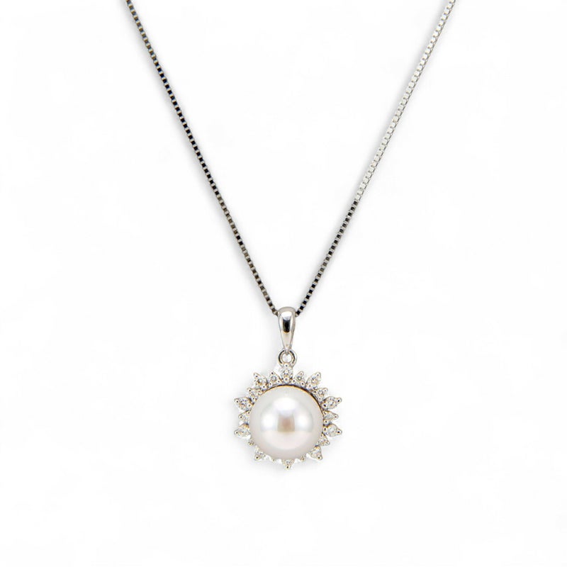 オーロラ花珠真珠 鑑別書付 ダイヤで囲んだ パールペンダント（45cmスライドチェーン付）  7.5-8.0mm AAA K18WG ホワイトゴールド 0.15ct [n3][高品質 プレミアム]