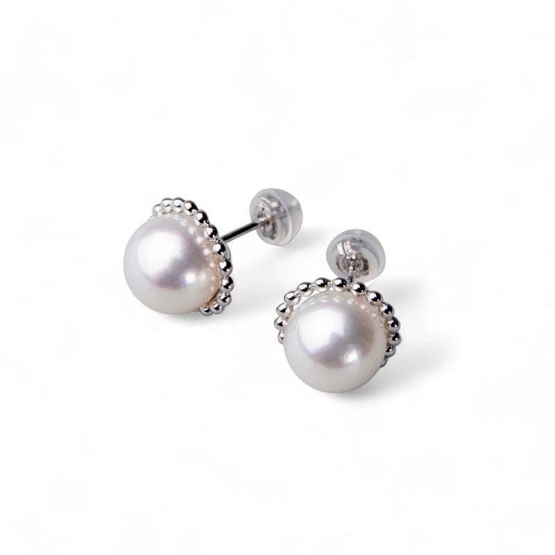 あこや真珠 無調色 9.0-9.5mm 取り巻きデザインピアス K18WG/K18YG