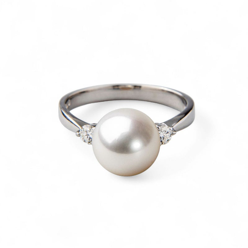 【3点セットに変更】PT900 シンプル2石ダイヤ パールリング 8.5-9.0mm AAA 0.15ct　※花珠ネックレス2点セットをご注文のお客様専用です