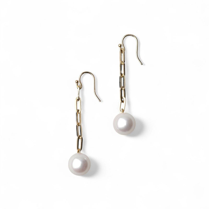 Luxe あこや真珠無調色 ペーパークリップチェーン フックピアス  9.0-9.5mm　K18