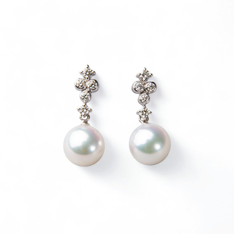 オーロラ花珠真珠 鑑別書付 5粒ダイヤ パールピアス 7.5-8.0mm K18WG/YG