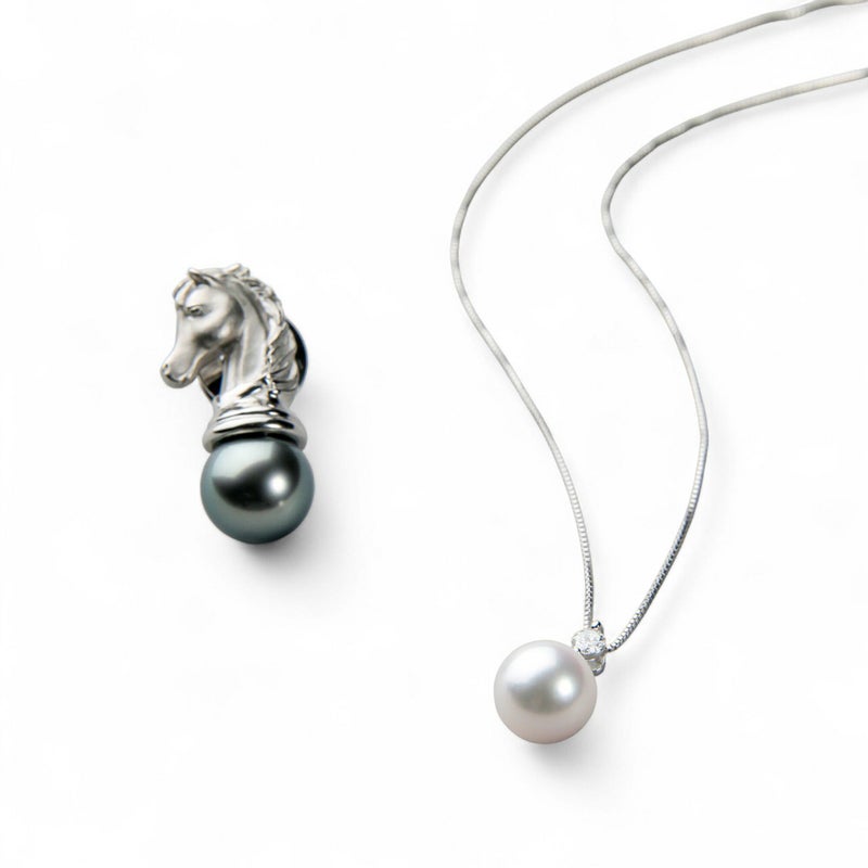 あこや真珠 ダイヤペンダント & タヒチ黒蝶真珠 ピンブローチ セット(C)