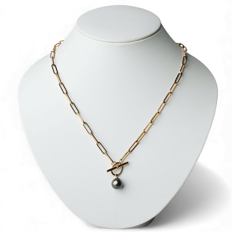 【WEB限定】Tahitian+ タヒチ黒蝶真珠 チェーンネックレス　11mmUP SUS304 GP