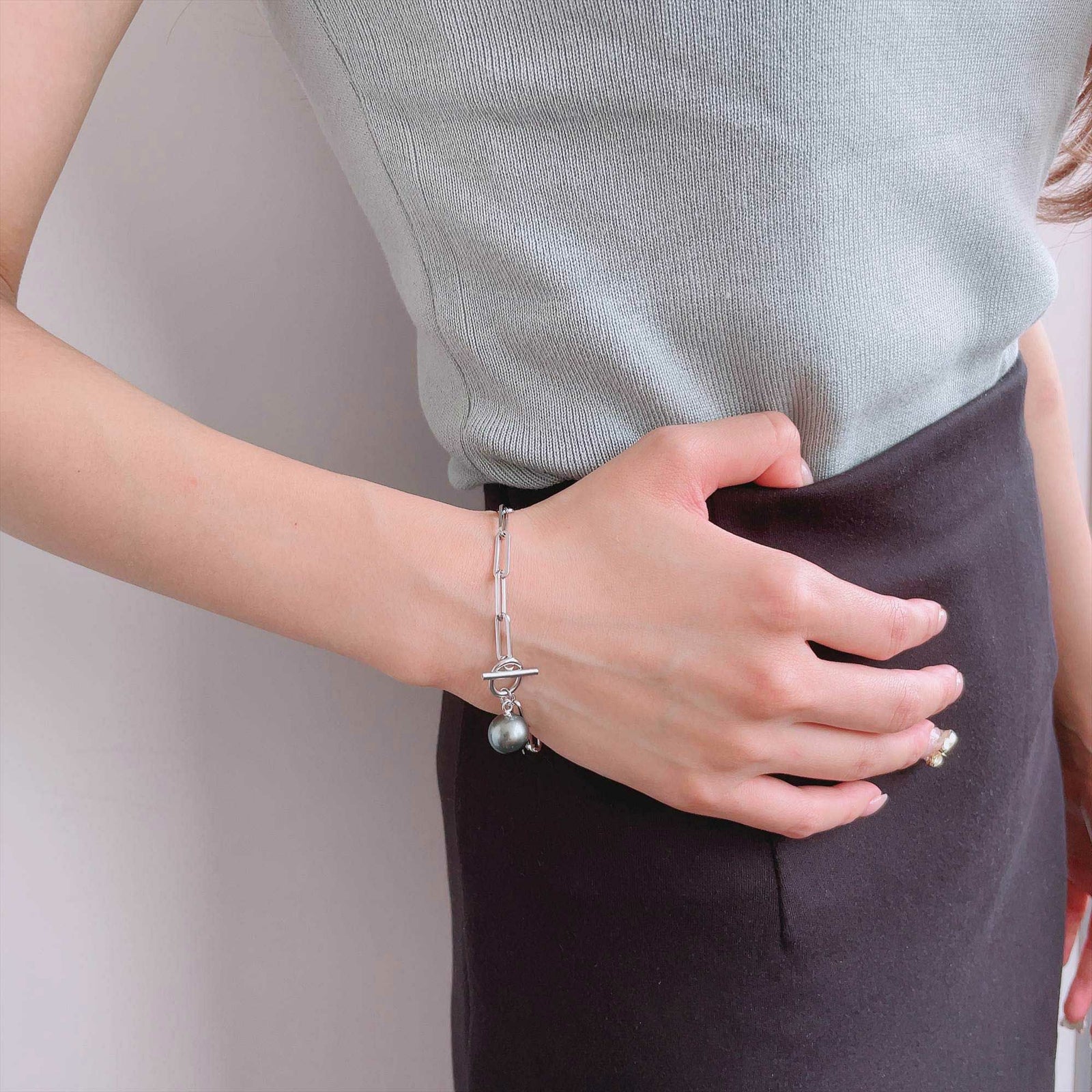 Tahitian+ タヒチ黒蝶真珠 チェーンブレスレット　11mmUP SUS316L