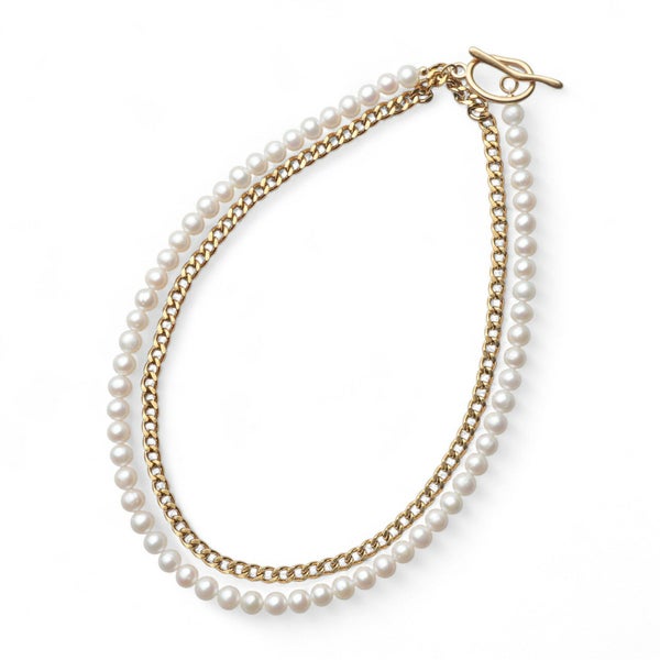 淡水真珠 ハーフチェーン ロングネックレス　6.5-7.0mm SUS316L GP キヘイ