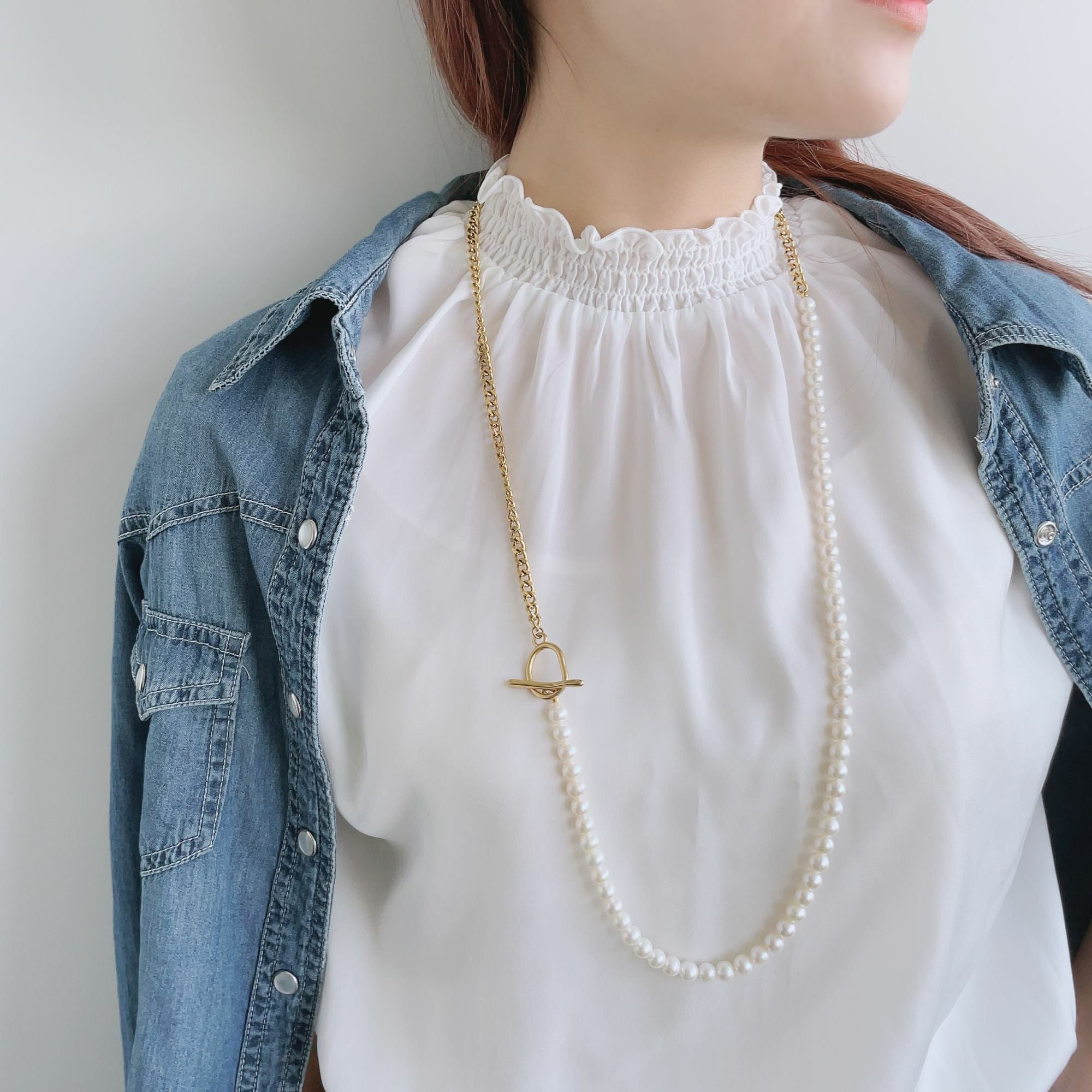 WEB限定】淡水真珠 ハーフチェーン ロングネックレス 6.5-7.0mm