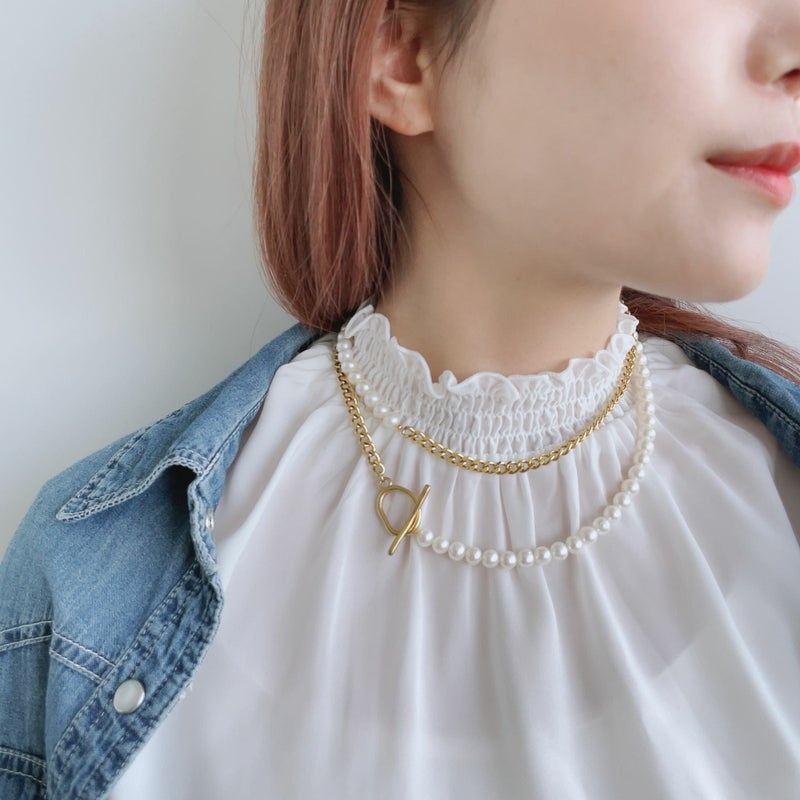 淡水真珠 ハーフチェーン ロングネックレス　6.5-7.0mm SUS316L GP キヘイ