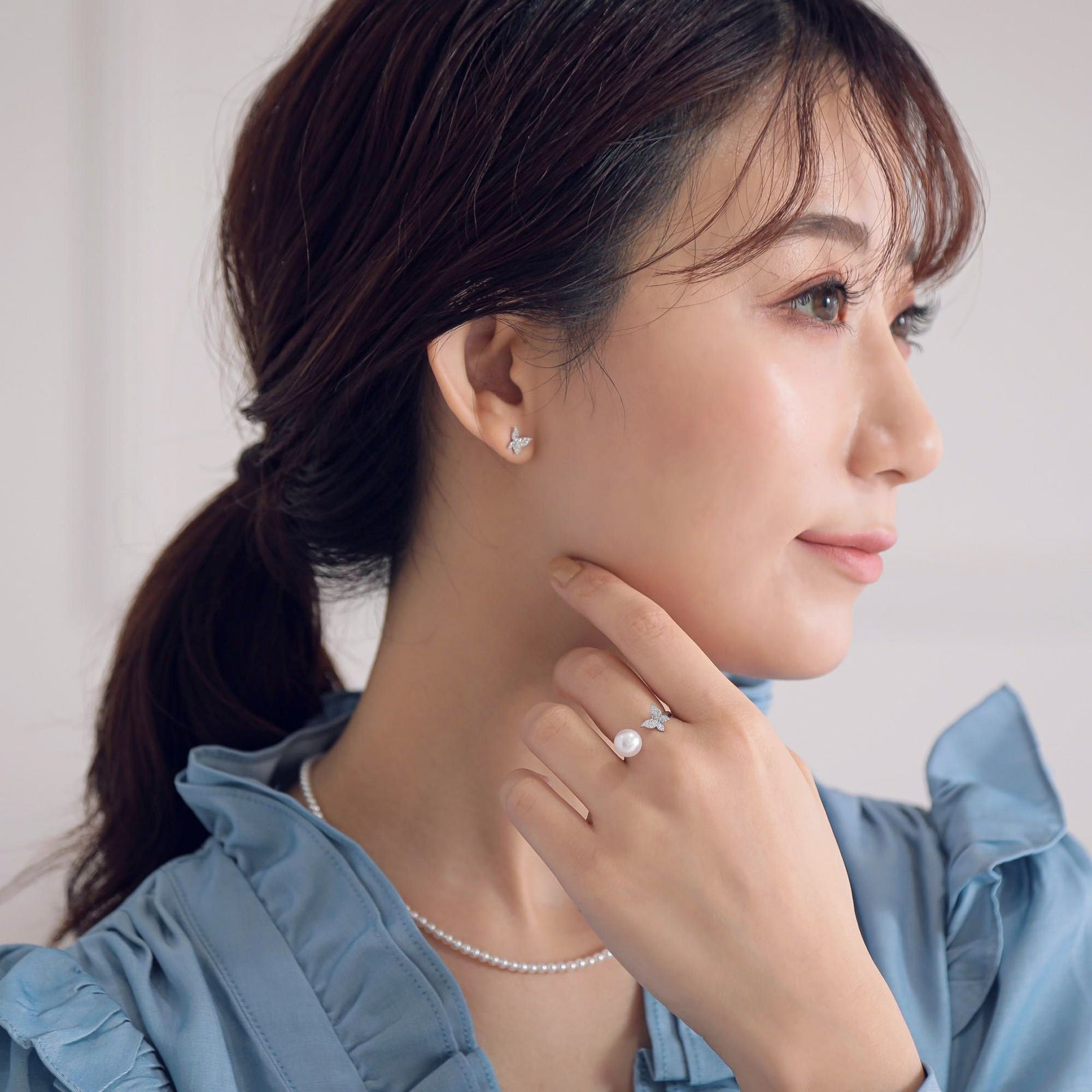 あこや真珠 蝶 リング7.5-8.0mm K18WG