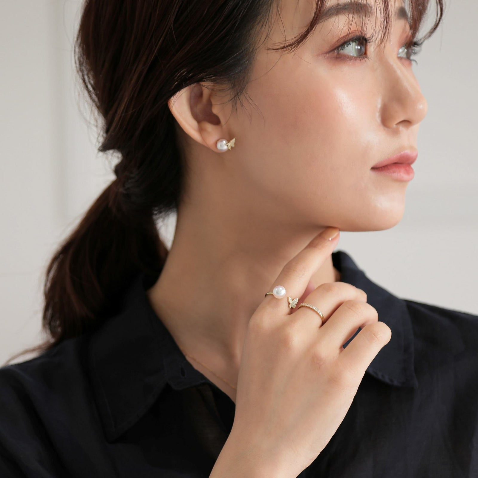 あこや真珠 蝶 リング7.5-8.0mm K18YG