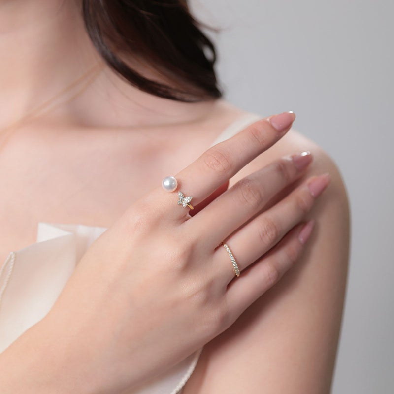 あこや真珠 蝶 リング7.5-8.0mm K18YG