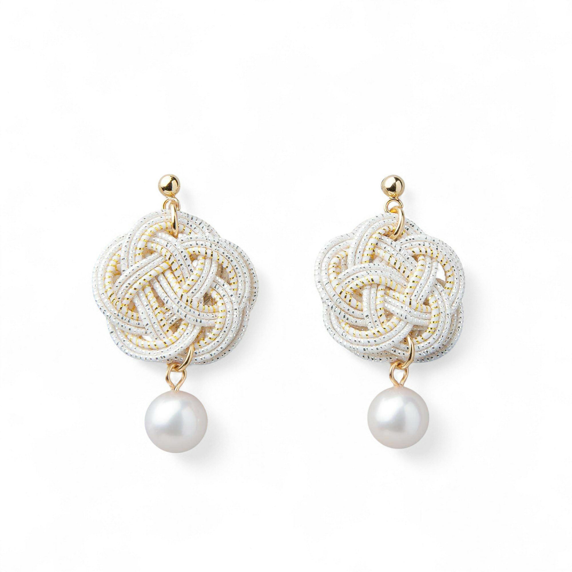 あこや真珠 水引 イヤリング7.5-8.0mm SUS316L GP 白×金 | あこや真珠