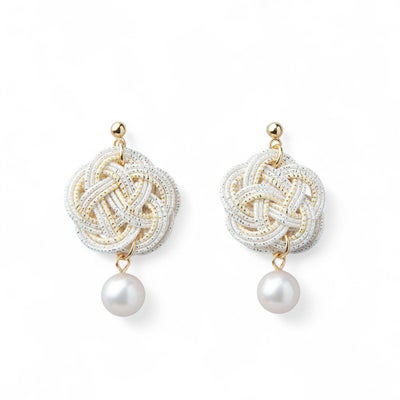 あこや真珠 水引 イヤリング7.5-8.0mm SUS316L GP　白×金