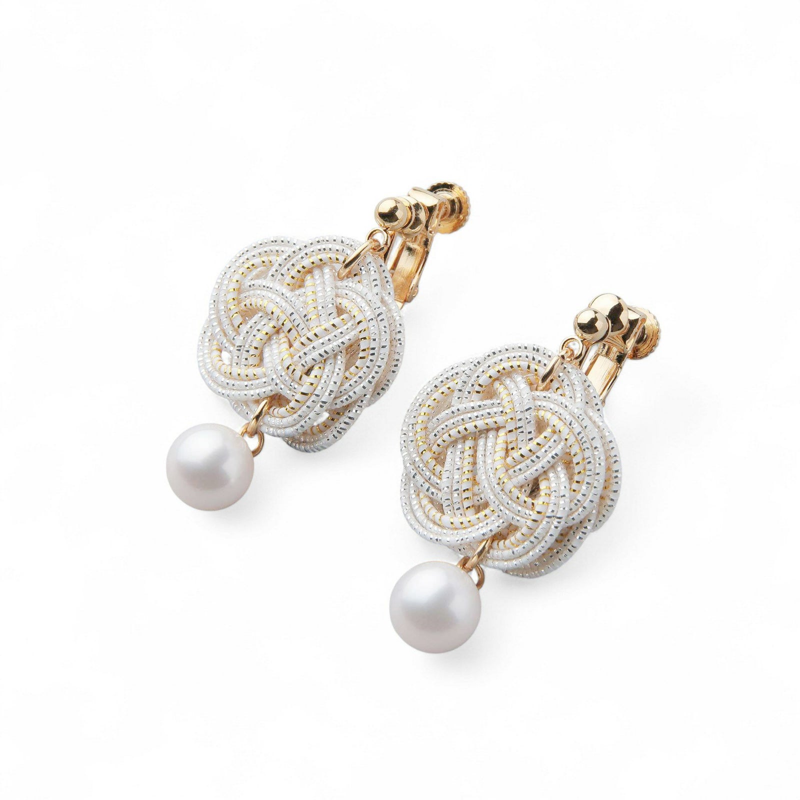 あこや真珠 水引 イヤリング7.5-8.0mm SUS316L GP　白×金