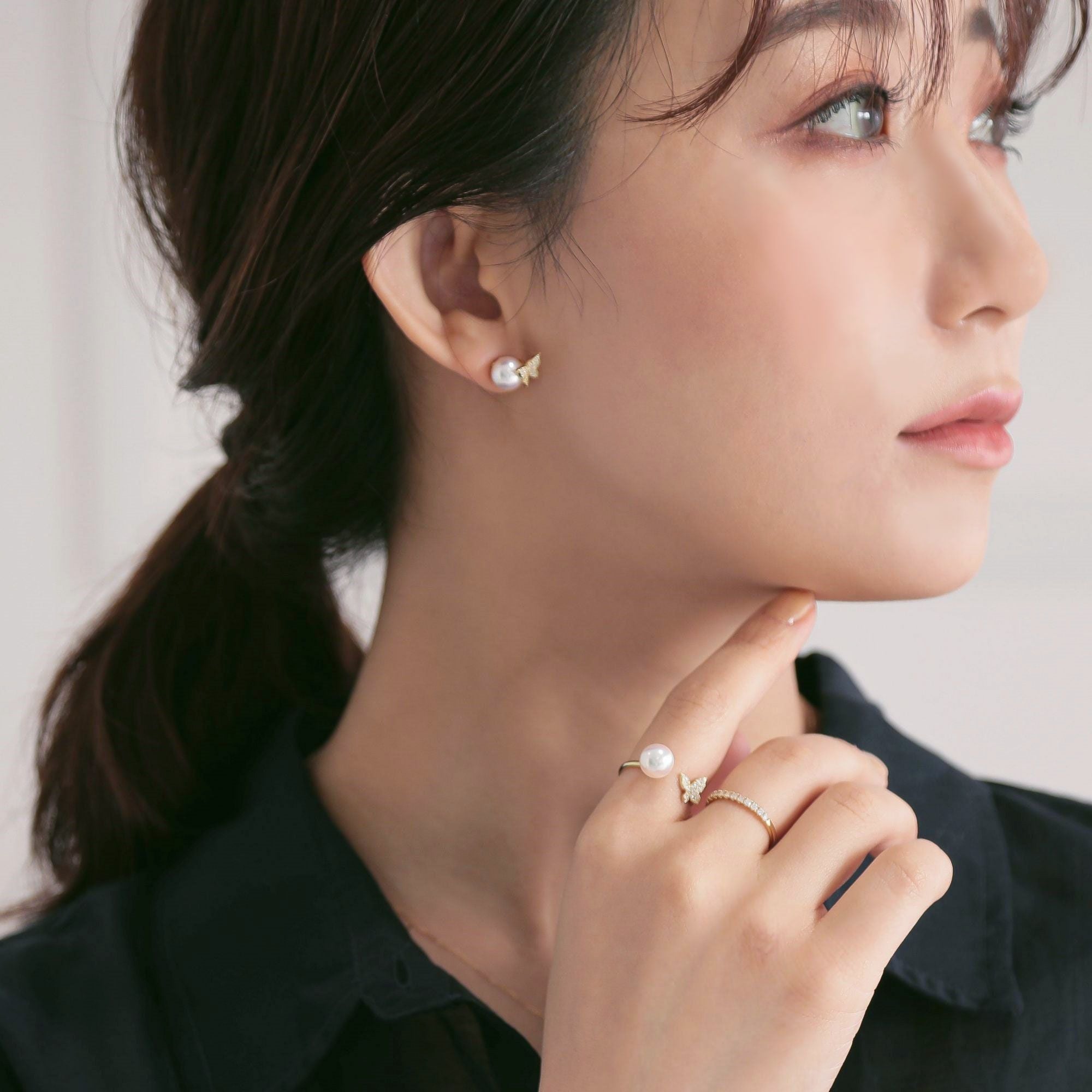 petit amie あこや真珠 蝶 ピアス 7.5-8.0mm K18YG | WSP（ダブル