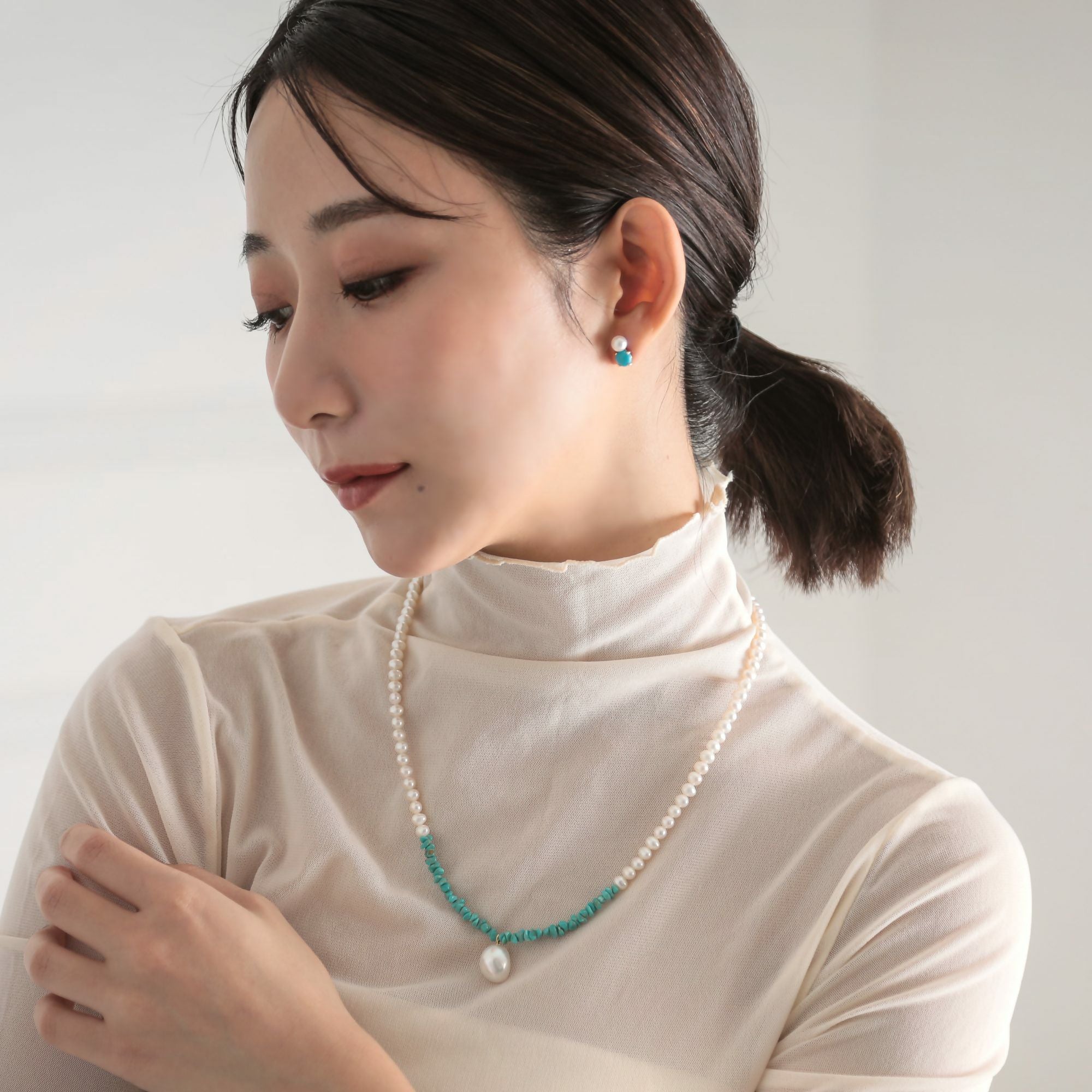 WEB限定】あこや真珠×ターコイズ ピアス 5.5-6.0mm/6mmUP K10YG | WSP