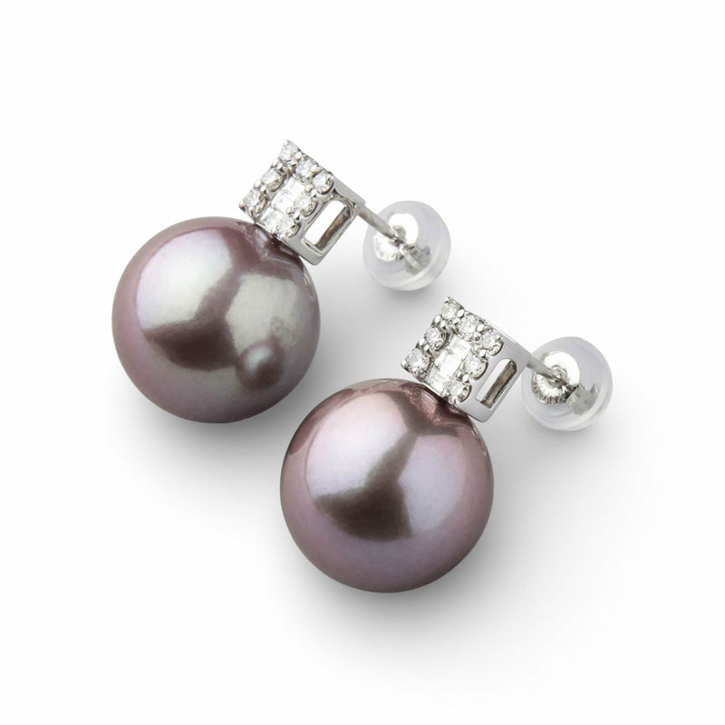 Mauvette 淡水真珠 ピアス11mm K18WG スクエアダイヤ