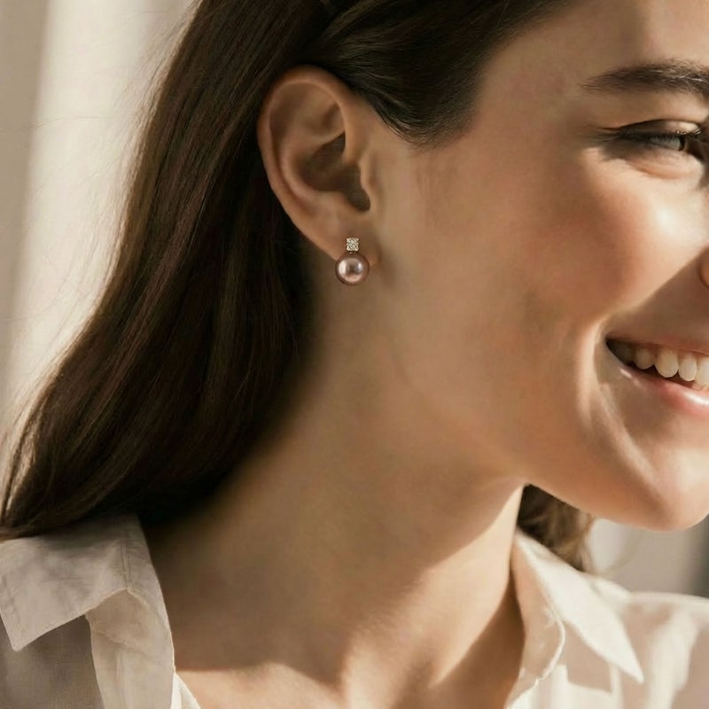 Mauvette 淡水真珠 ピアス12mm K18YG スクエアダイヤ