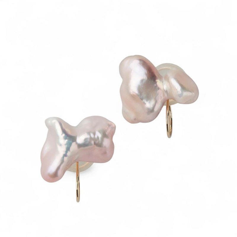 Unique fun! 淡水ケシ真珠 イヤリング　10-13mm K18YG リボン バロック