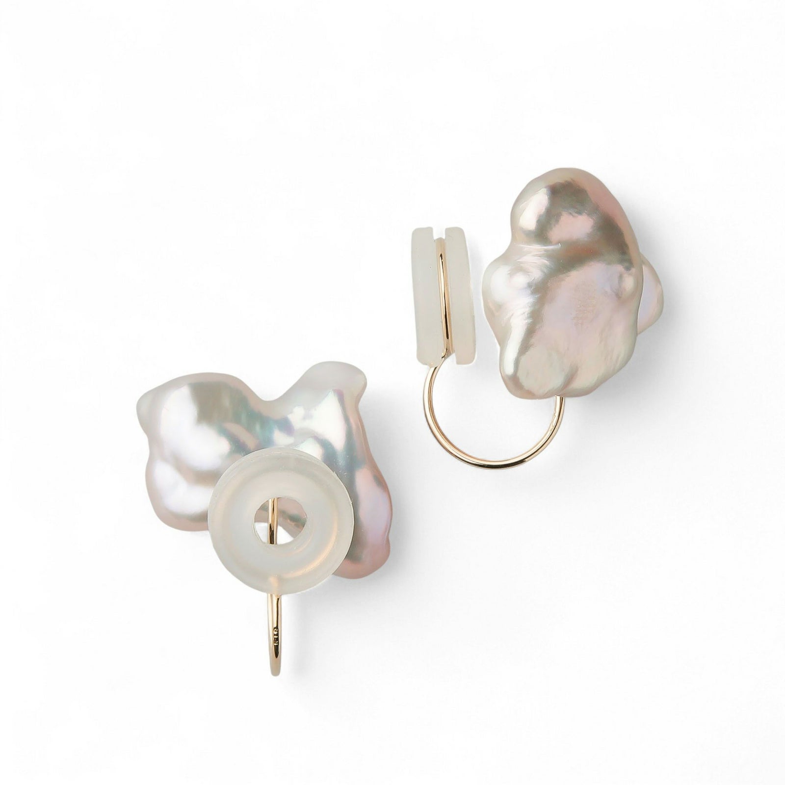 Unique fun! 淡水ケシ真珠 イヤリング　10-13mm K18YG リボン バロック