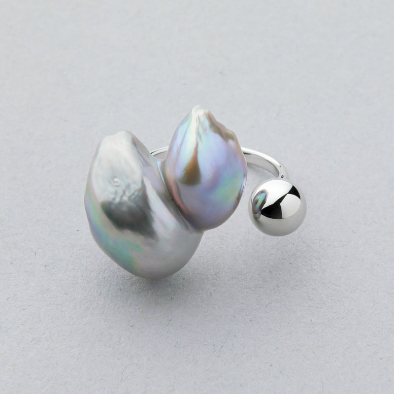 Unique fun! 淡水ケシ真珠 フォークリング　13-14mm K18YG(RH) バロック