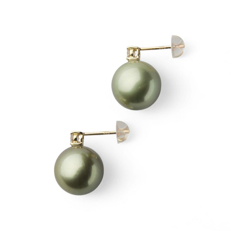 Pistachio タヒチ黒蝶真珠 ダイヤピアス　10mm K18WG/YG