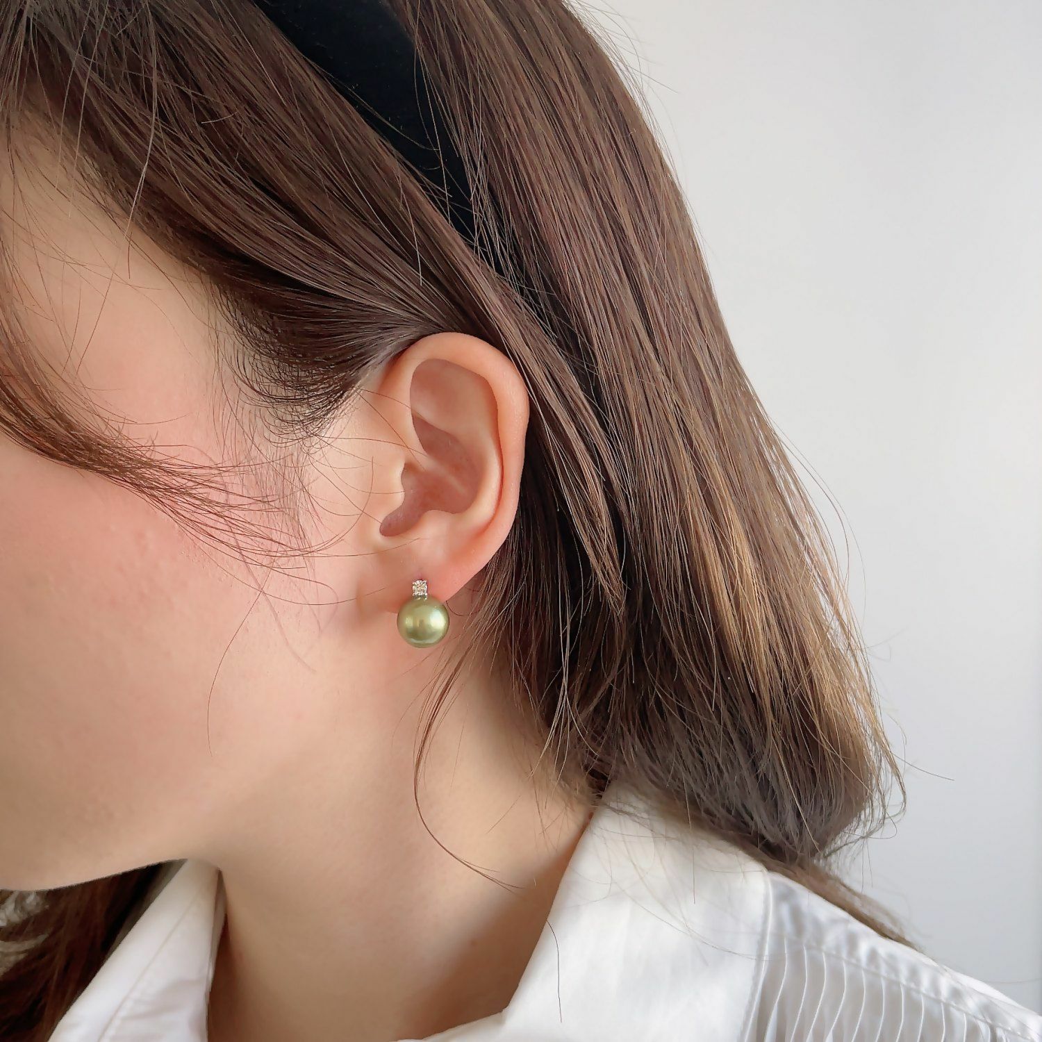 Pistachio タヒチ黒蝶真珠 ピアス 10mm K18WG/YG 一粒ダイヤ | WSP