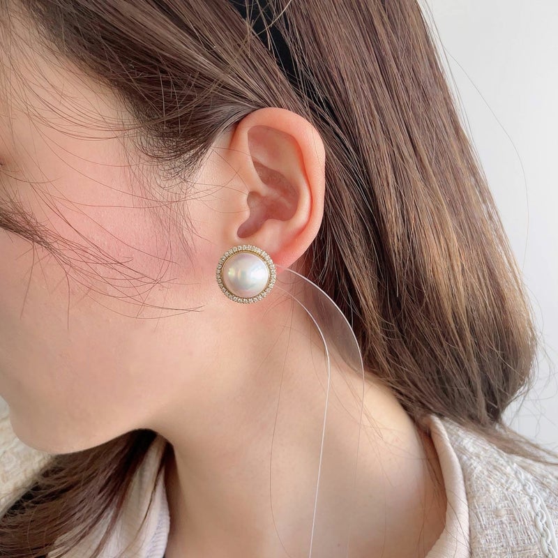 マベ真珠 ダイヤモンドピアス13mmUP K18YG　取り巻き